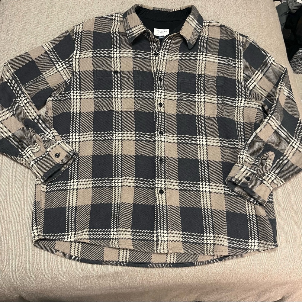 American Eagle Plaid Shacket; Tan & Black